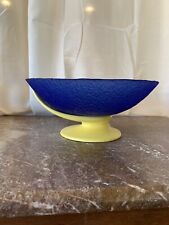 Vintage European Glass Ceramic asymmetrical Blue pebble glass bowl yellow base picture