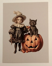 * Halloween* Postcard: Creepy Victorian Girl, Blk Cat Vintage Style Reproduction picture