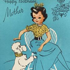 Vintage Mid Century Birthday Greeting Card Pretty Lady Gold Glitter White Poodle picture