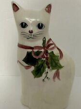 N S Gustine Christmas Cat 9” Figurine Hand Painted White Ceramic Signed USA picture