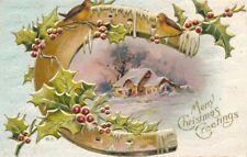 Merry Christmas Greetings - Horseshoe Holly and Rural Home - pm 1911 - DB picture