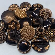 Vintage Black Glass Button Lot Gold Luster Painted Incised  picture