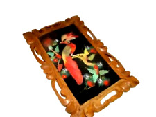 VINTAGE MEXICO REAL BIRD FEATHER PAINTING PICTURE CARVED WOOD FRAME RED BIRD picture