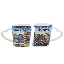 Traditional Blue Aveiro Portugal Ceramic Double Mug with Heart Handle, Set of 2 picture