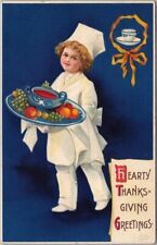 1910s Artist-Signed CLAPSADDLE Postcard THANKSGIVING Girl Chef w/ Tray of Fruit picture