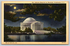 Washington D.C., Jefferson Memorial By Moonlight, Vintage Linen Postcard picture