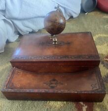 Vtg Hand Tooled Italian Leather Desk Organizer Jewelry Box Globe On Top  picture