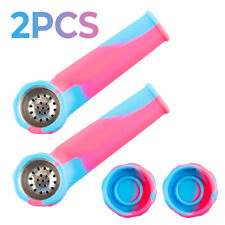 2x Silicone Smoking Pipe with Metal Bowl & Cap Lid | Blue/Rose Red | USA Premium picture