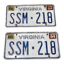 Vintage Virginia 1984 Collectible License plate set Tag # SSM 218 Man Cave Pair  picture