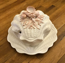 Vintage Fitz and Floyd Coquille Tureen & Underplate White Pink Crustacean Shell picture