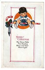 Little Boy Holding Large Candy Cane With Poem Merry Christmas Postcard C. 1920s picture