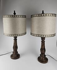 Retro Vintage PAIR Electric Tabletop Lamps Rustic Wood Style Decorative Shades picture