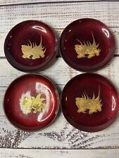 Vintage Set of 4 1970s Japanese Lacquer Plates Red Hand Painted Dragon 5” picture