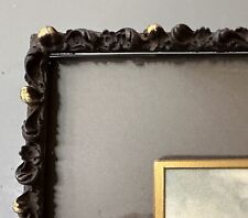 Antique Wood Plaster Black Gold Painted Picture Frame w Glass Unsigned Print picture