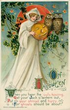 Schmucker Winsch Victorian Witch On Halloween Postcard~Antique~JOL-Owls~c1911 picture