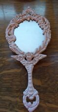 Vintage Cast Iron EMIG Antiqued Pink Baroque Cupid Hand Mirror.   picture