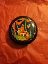 Small Round Russian Black Lacquer Trinket Box - Hand Painted Fairytales - Signed picture