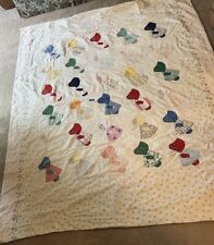 Vintage Handstitched Quilt Blanket 95” x 80” Sun Bonnet - As Is picture