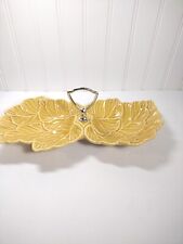 Vintage USA Ceramic Mid Century Gold Yellow Leaf Dish Double Bowl #78 Handle  picture