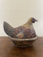 Large Wood Carved Vintage Hen On Nest Box Folk Art Chicken Nest Farmhouse picture