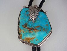 OLD PAWN NAVAJO STERLING SILVER & BLUE GEM TURQUOISE BOLO TIE picture