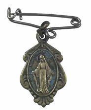 Vintage Catholic Miraculous Mary Blue Enamel Medal On Pin picture