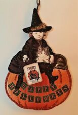 VICTORIAN CHILD WITCH on PUMPKIN w CAT, TRICK TREAT * Glitter HALLOWEEN ORNAMENT picture