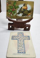 2 Antique Christmas Postcards - Robins Cross w Lilies picture