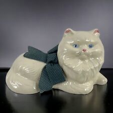 1970’s Large Ceramic Persian Cat statue Figurine White With Blue Bow 10 in picture