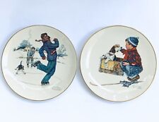 Marvelous Set of Two Norman Rockwell Plates Painting With Gold Lines And Stand picture