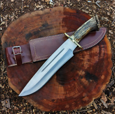 Custom Handmade D2 Steel Hunting Bowie Knife With Stag Horn And Brass Clip picture