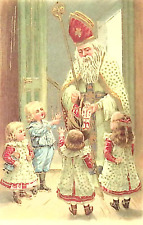 c1930s DUTCH Christmas Postcard Green Robe St Nicolaas Give Young Girls Dolls picture