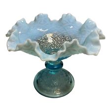 Fenton Vintage Opalescent Aqua Blue Glass Bowl Pedestal Ruffled Diamond Lace 6