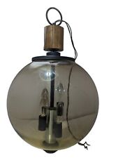 Vtg Mid Century Modern Swag Lamp Smoke Glass Globe Metal & Wood Top 20