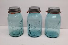 3-Vintage Aqua Blue Ball Perfect Mason Quart Canning Jars w/Zinc Lids #4,5,10 picture