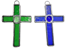 2 Stained Glass Crosses Blue Green 4”x 2.5” Christmas Ornament SunCatcher picture