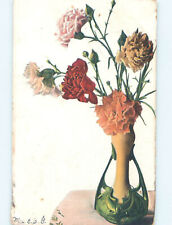 Pre-Linen art nouveau CARNATION FLOWERS AND ANTIQUE POTTERY VASE HJ3625 picture