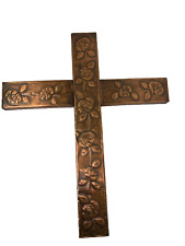 Vintage Copper Cross Handmade Wall Hanging Flowers 19x16 Religious Spiritual picture