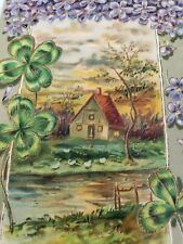 C 1909 Best Wishes Cottage Vignette Glossy Flowers Clover Antique DB Postcard picture
