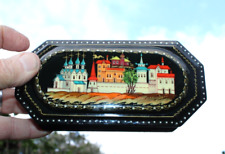 Vintage Lacquer Ware Jewelry Box Russian Black Cityscape Hand-painted USSR picture