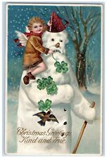 c1910's Christmas Greetings Snowman Angel Shamrock Clapsaddle (?) Postcard picture