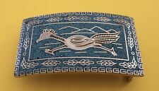 BEEP BEEP   Vintage Taxco Silver & Crushed Turquoise Roadrunner Bird Belt Buckle picture