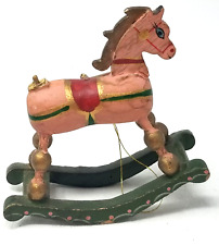 Rocking Horse Christmas Ornament Hand Painted Green Brown Wood 1990 Vintage picture