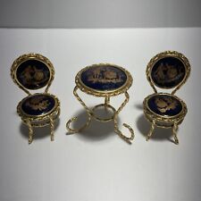 Vintage French Limoges Miniature Dark Cobalt/Gold Table Chair Set 3 pcs Signed picture