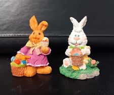 Lot of 2 Easter Bunny Figurines Carrying Easter Egg Baskets Ceramic Rabbits 2.5