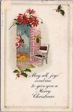 1922 MERRY CHRISTMAS Postcard Santa Claus in Fireplace / Poinsettia Flowers picture