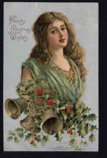 1907 Hearty Christmas Wishes * embossed Lady Holly Bells, posted to Amsterdam NY picture