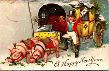 Vtg 1910s Happy New Year Pigs and Carriage Gel Gold Gilt Embossed Postcard picture