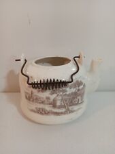 Vintage Nevco Japan Ceramic Teapot White/ Brown Country Village Coil Handle picture