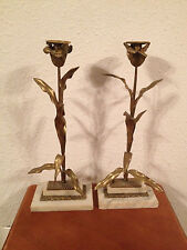 Vintage Pair Tall Gilt Metal & Marble Candle Stick Holders w/ Floral Decoration  picture